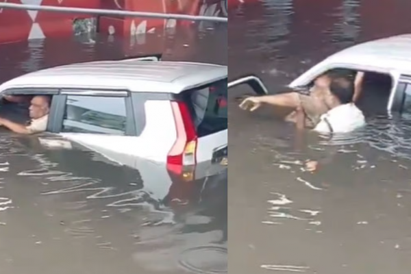 मथुरा में ओवरब्रिज के नीचे जमा पानी में डूबी कार, ट्रैफिक पुलिस ने बहादुरी दिखाकर बचाई जान — वीडियो वायरल