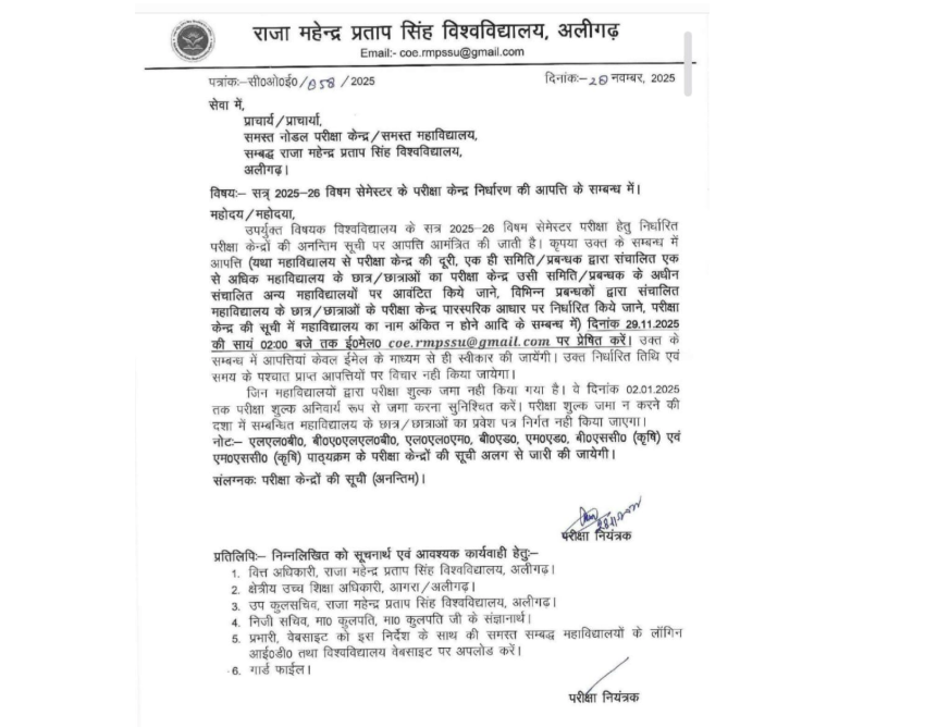 राजा महेंद्र प्रताप विश्वविद्यालय में परीक्षा केंद्र आवंटन पर उठे सवाल , वीसी के आदेशों की खुली अवहेलना 2 image 30 1