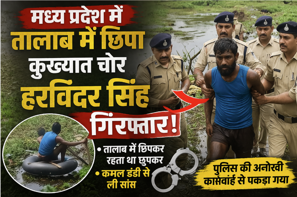 मध्य प्रदेश में तालाब में छिपा कुख्यात चोर हरविंदर सिंह गिरफ्तार, कमल डंडी से ली सांस