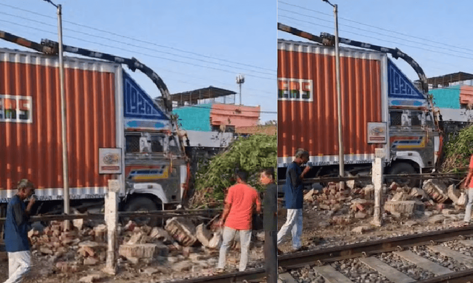 हाथरस में रेलवे फाटक तोड़कर ट्रैक के पास पहुंचा तेज रफ्तार ट्रक, टला बड़ा हादसा